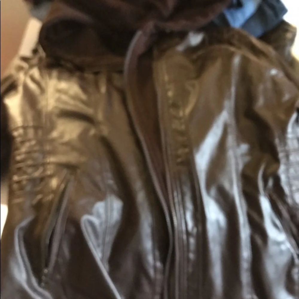 Faux leather removeable hooded jacket